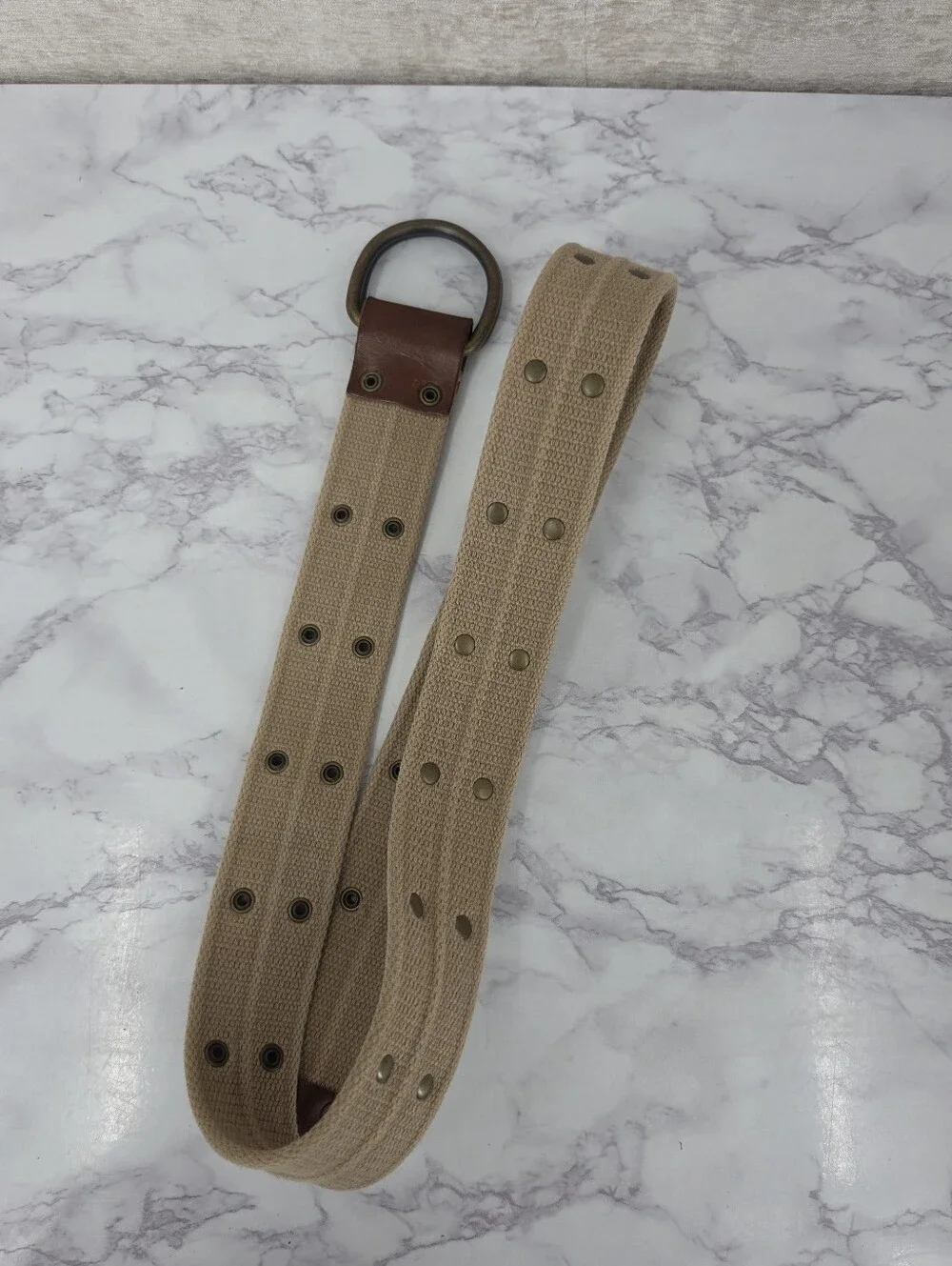 Vintage Men's Tan Woven Webbing Canvas Double D-Ring Belt with Leather Contrast